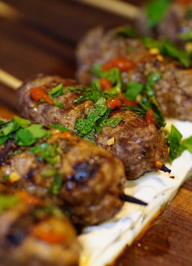 Sausage Skewers with Szechuan Mint Yogurt